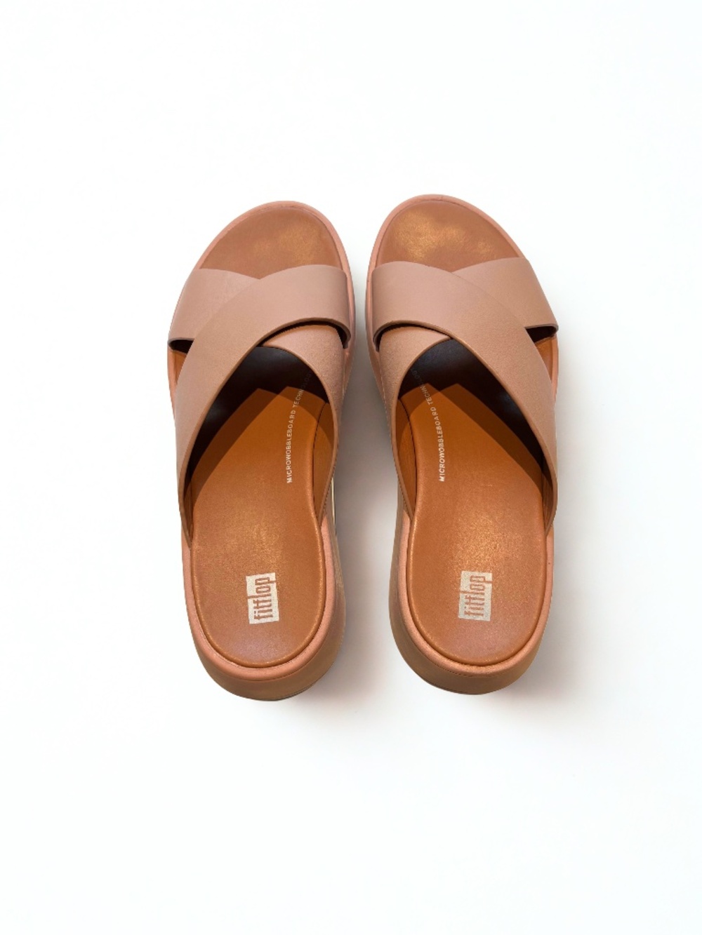 Fitflop F-MODE Leather Flatform Cross Slides, 8.5, Mauve/Pink
